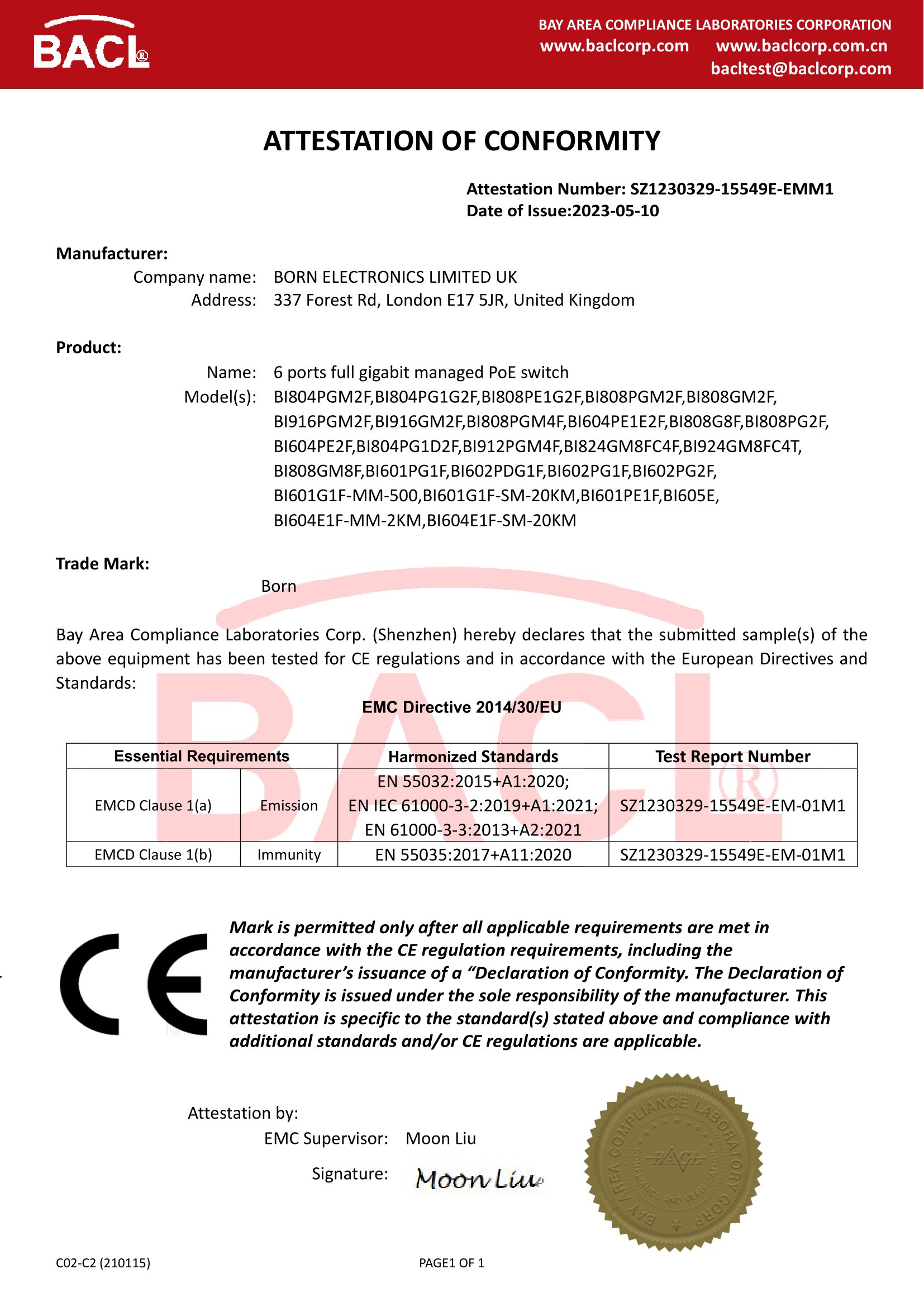 ATTESTATION OF CONFORMITY
