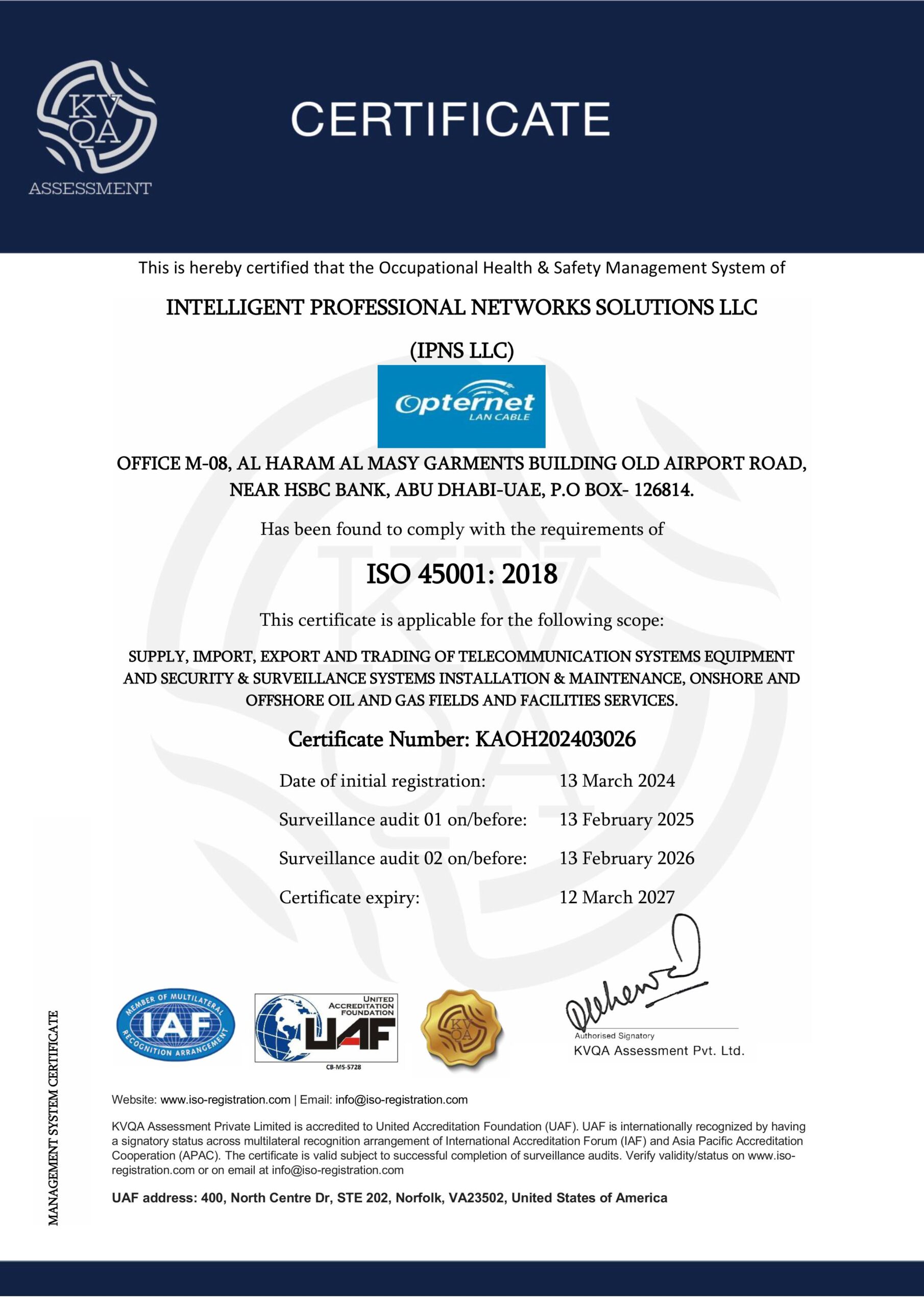 ISO 45001:2018 CERTIFICATE