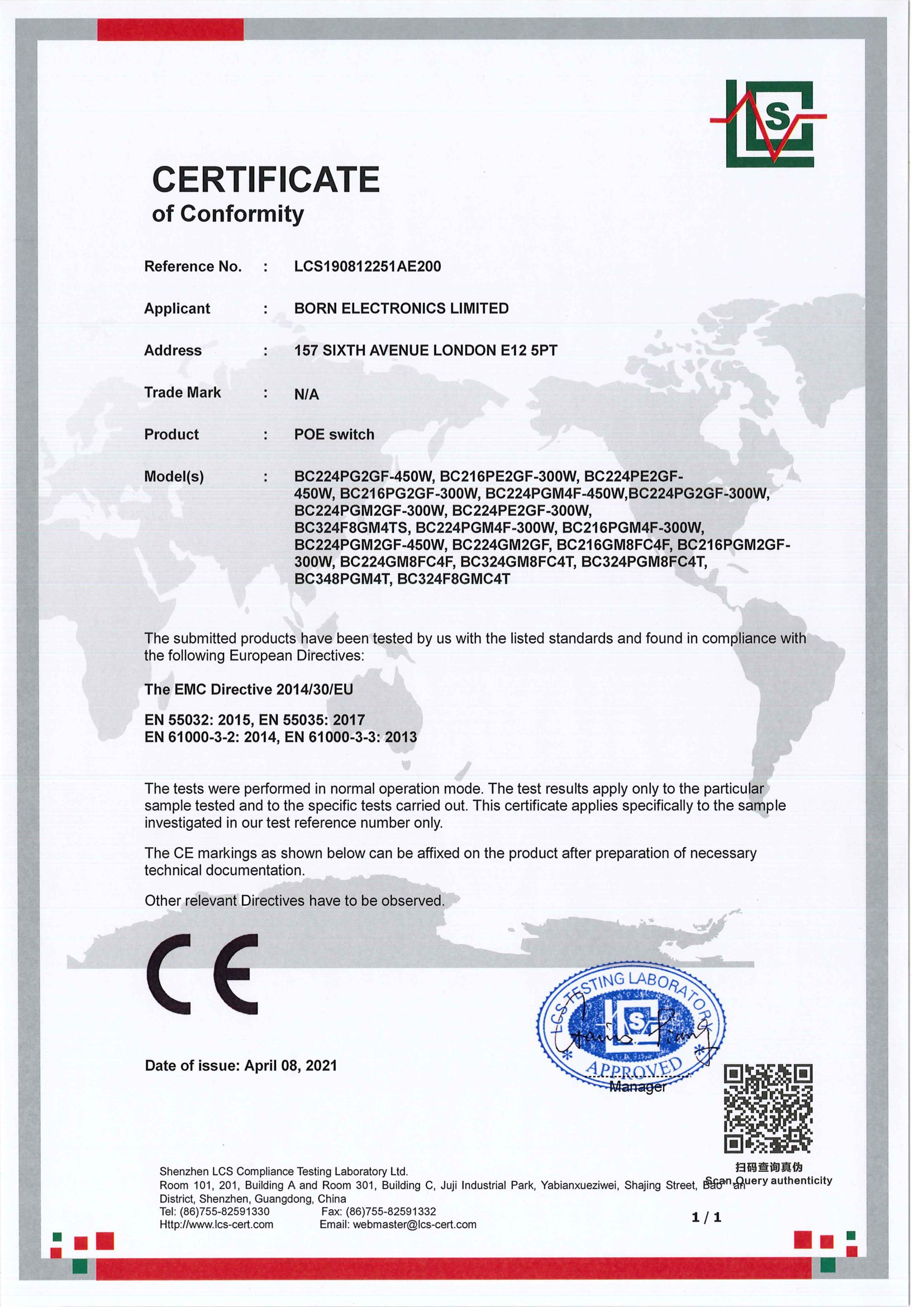 CE CERTIFICATE OF CONFORMITY