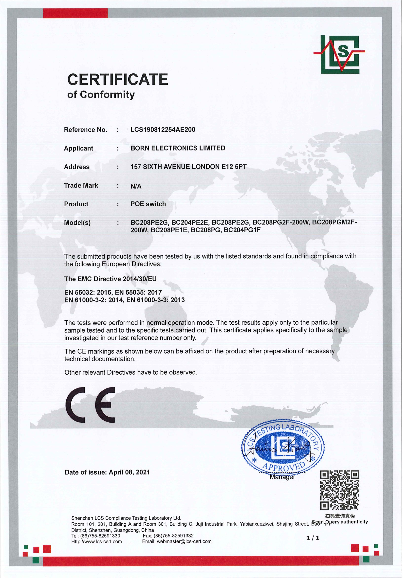 CERTIFICATE OF CONFORMITY