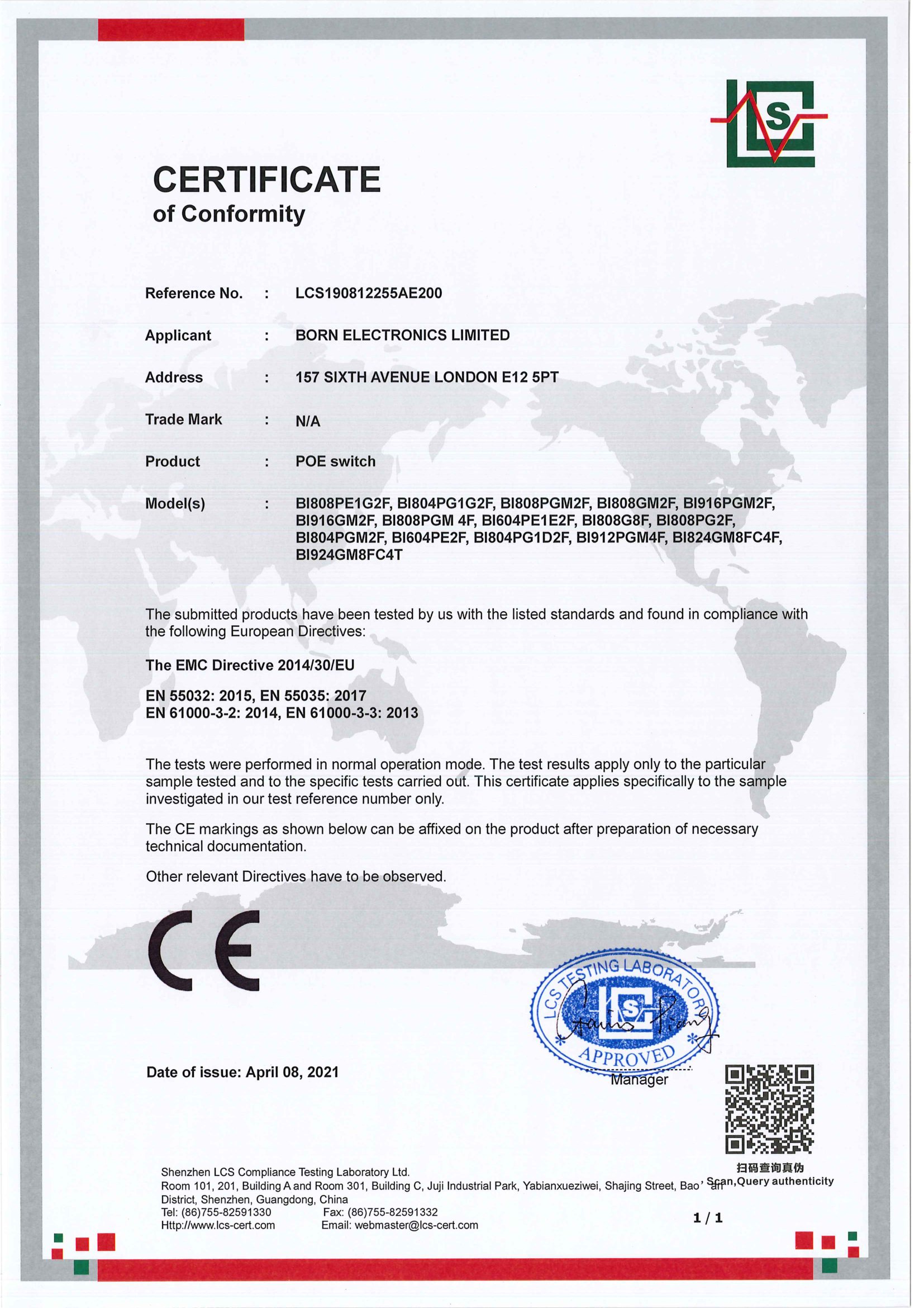 CERTIFICATE OF CONFORMITY