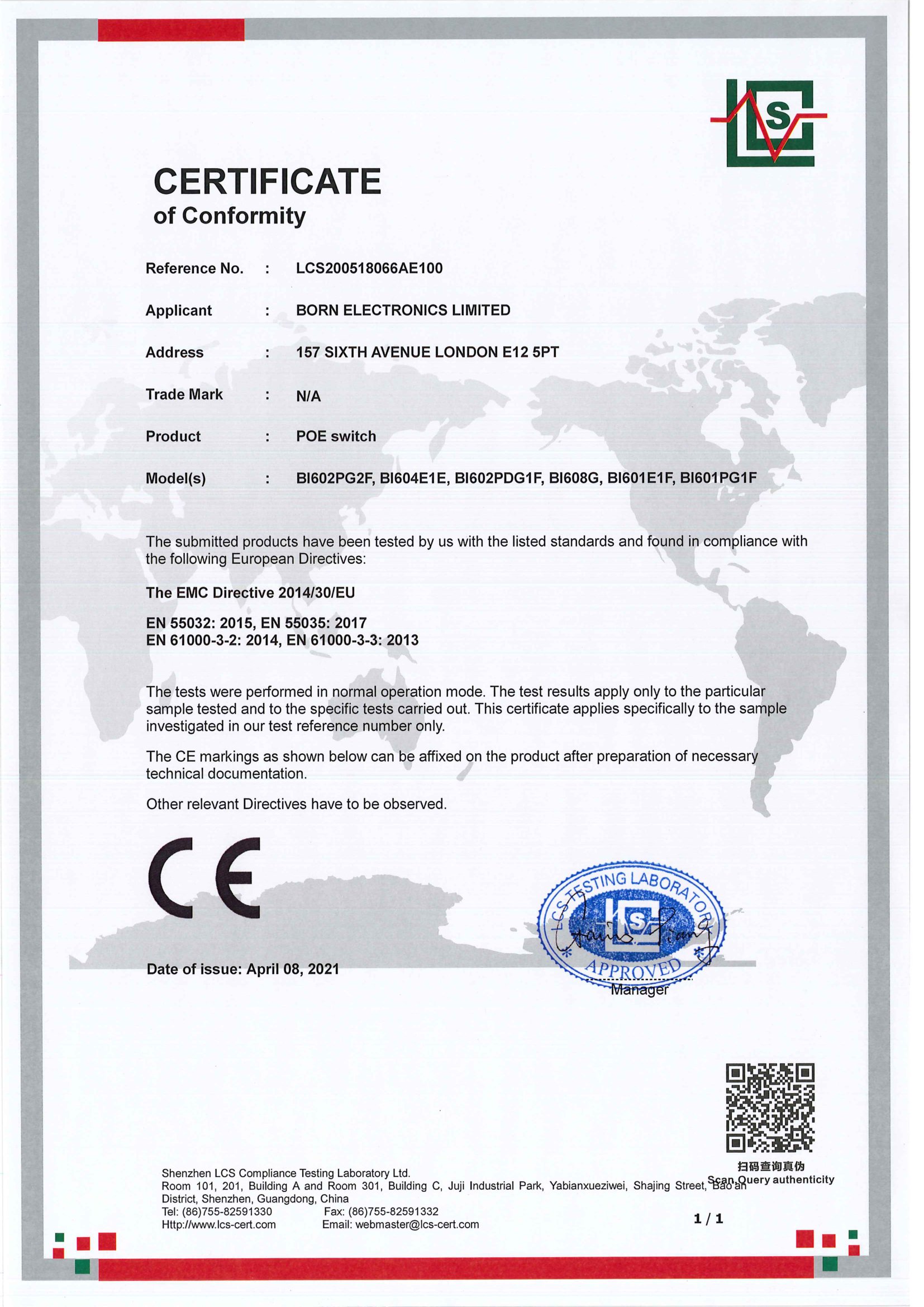 CERTIFICATE OF CONFORMITY