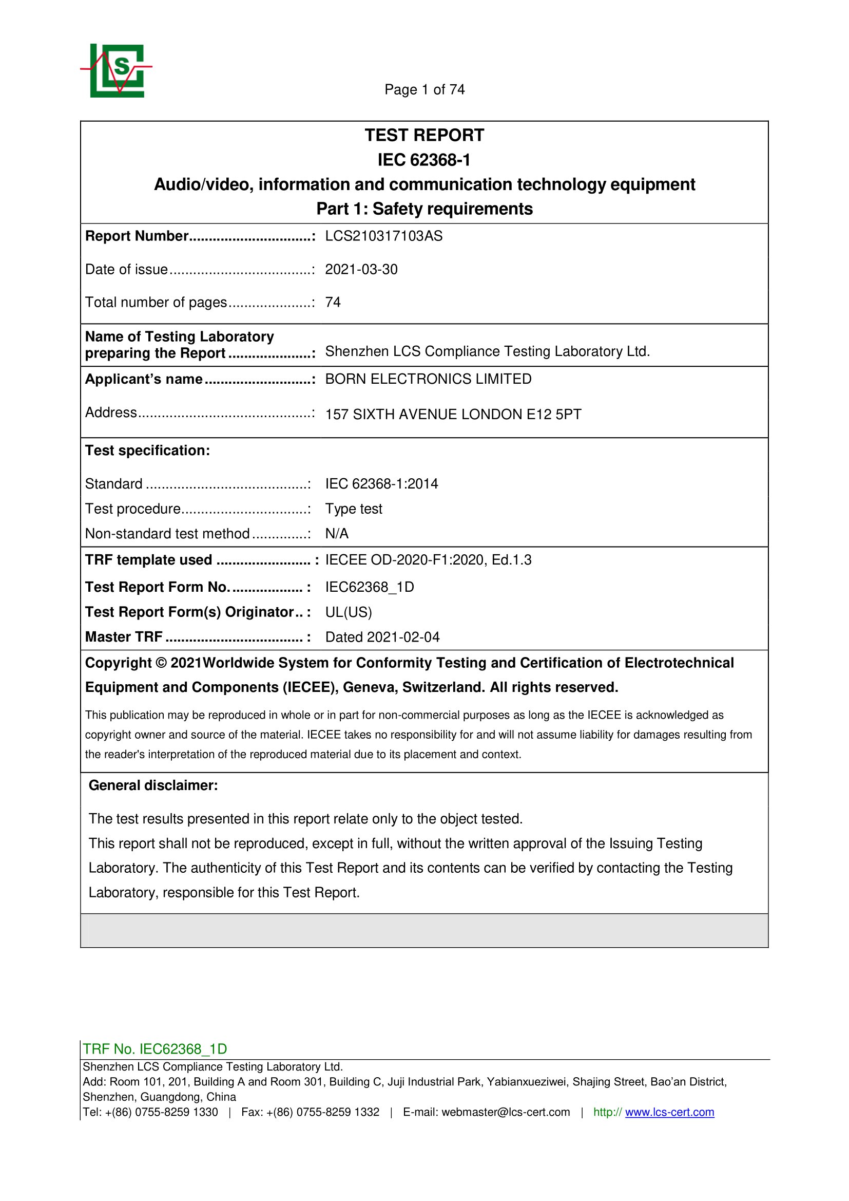 IEC 62368-1 TEST REPORT